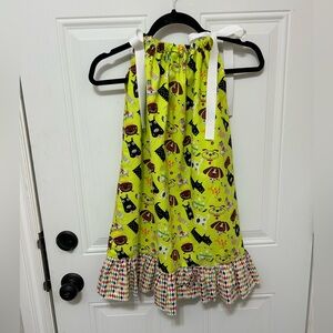 Child’s Pillow Case Bright Green Puppy Print Dress with Ruffle Hem